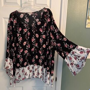 Black Floral Bell-Sleeve Tunic with Contrast Ruffle Hem